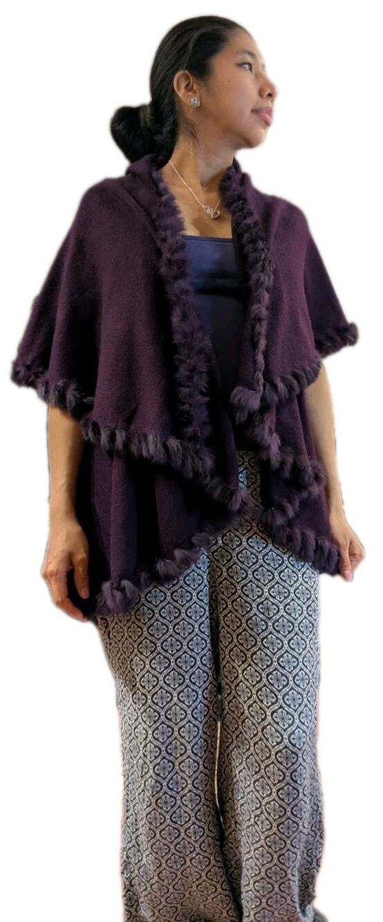 Plush Fringe Trim Shawl Wrap in Deep Plum - Women Accessories